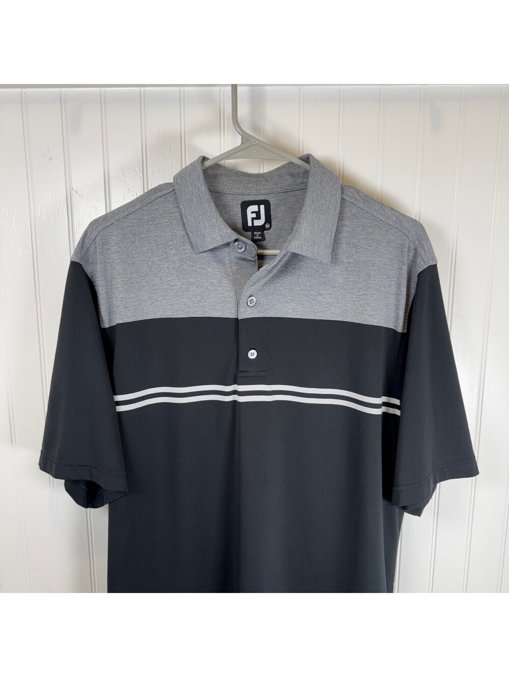 FootJoy Men's Golf Polo Shirt Medium Black and Gray Striped No Club Logos